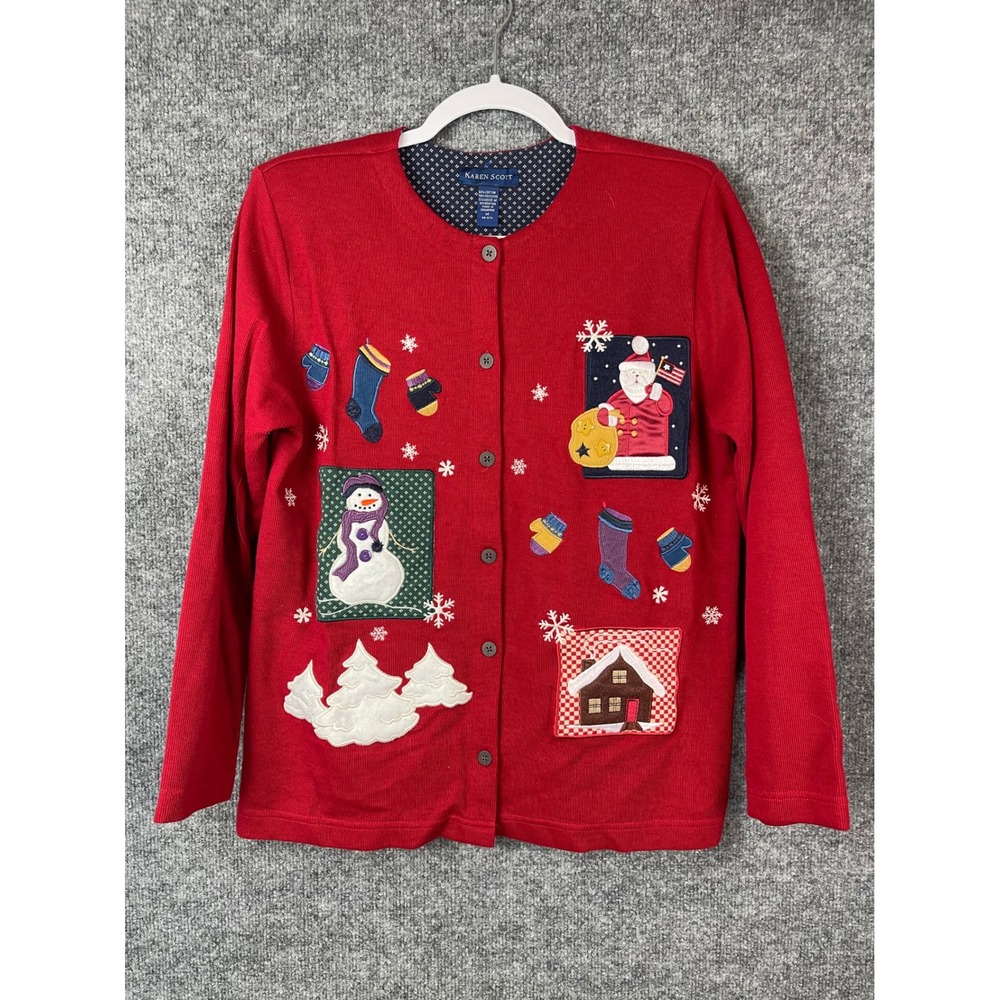 Karen Scott Christmas Cardigan Women Medium Red Santa Snowman Sweater